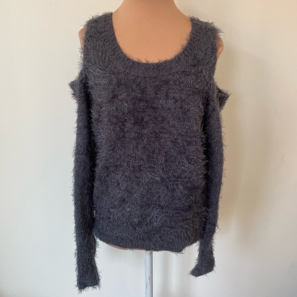 Anthropologie Moth Bienne Gray Chenille Fuzzy Cold Shoulder Pullover Sweater S